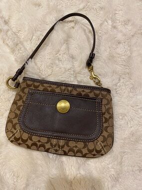 Coach Brown Signature Canvas Wristlet with Dark Brown Leather Trim